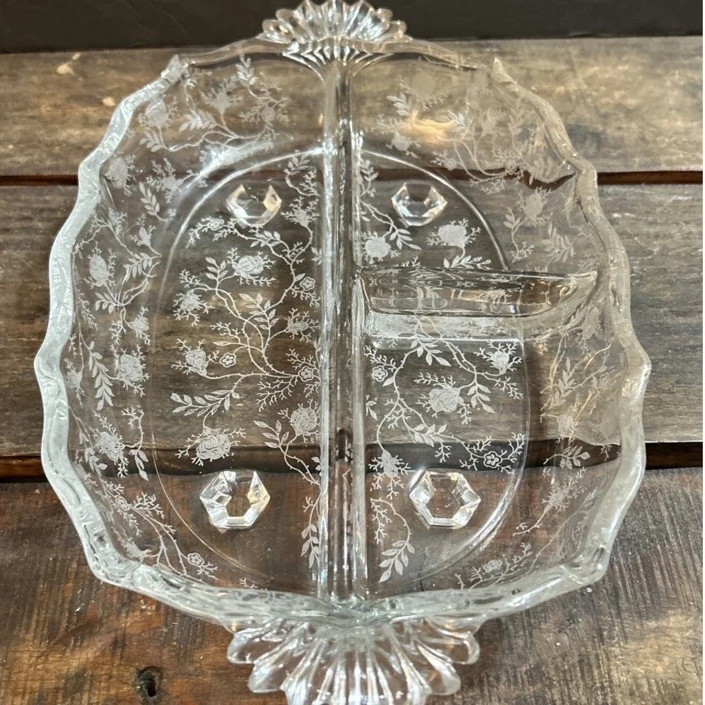 Fostoria Chintz Baroque Etched Floral Clear Glass Dish 3 Section Divided Tray